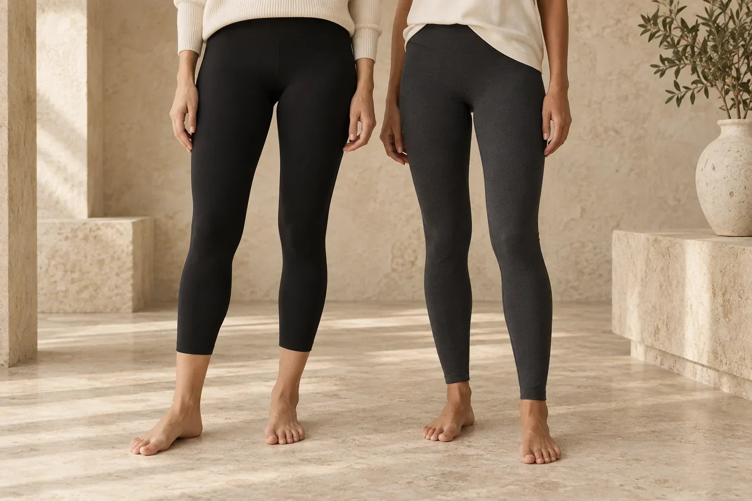Illustration of two women wearing leggings with above-ankle and ankle-length hems