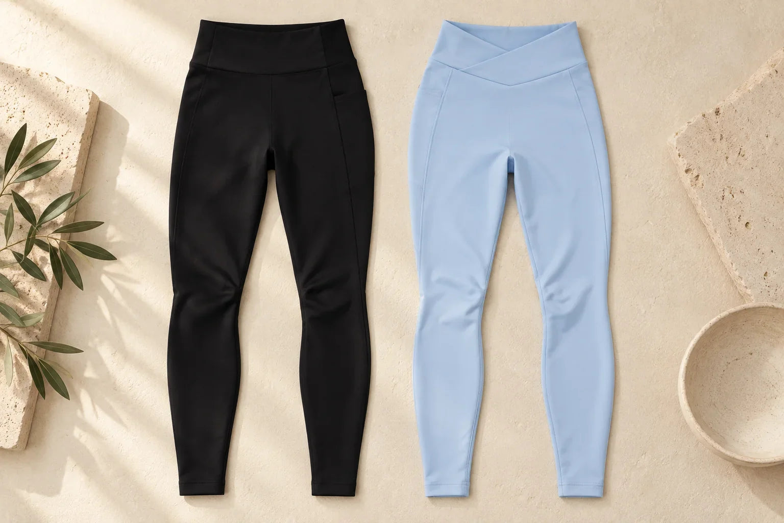 Black straight-waistband leggings and pale blue crossover-waistband leggings laid side by side