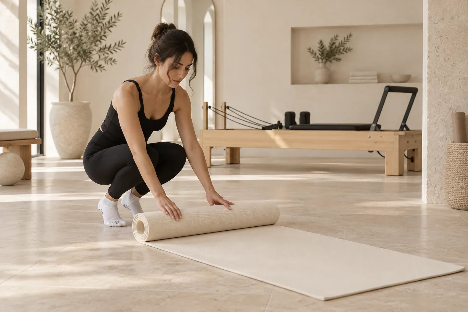 Woman in black activewear and white grip socks unrolling a mat in a Pilates studio