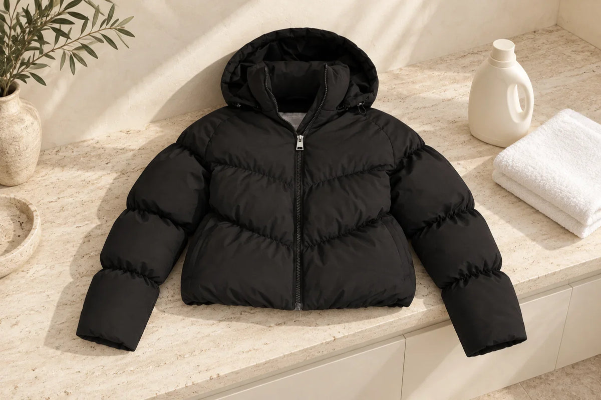 Black hooded puffer jacket on a stone laundry counter beside a towel and detergent bottle