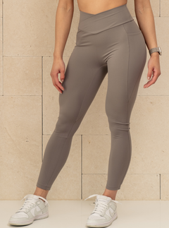Wrap Pocket Legging in Tarmac, taupe grey leggings with a V-shaped waistband, front view