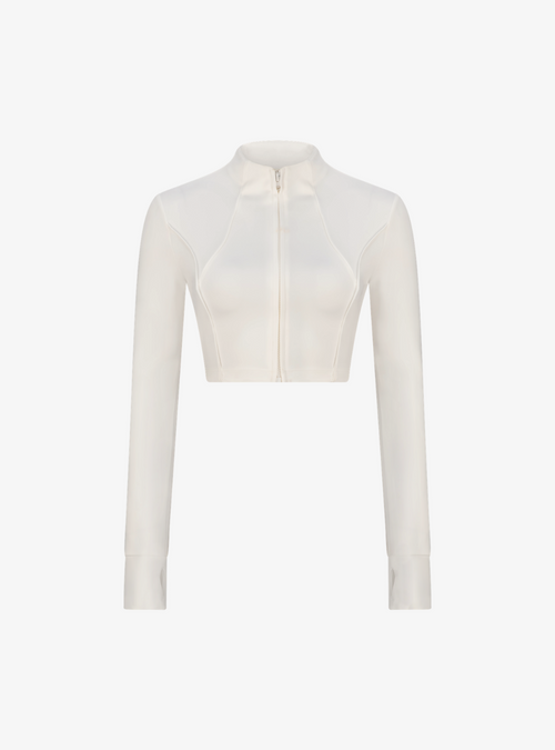 Cropped Tuxedo in Ivory, a fitted full zip cropped jacket with a high neck collar, front view