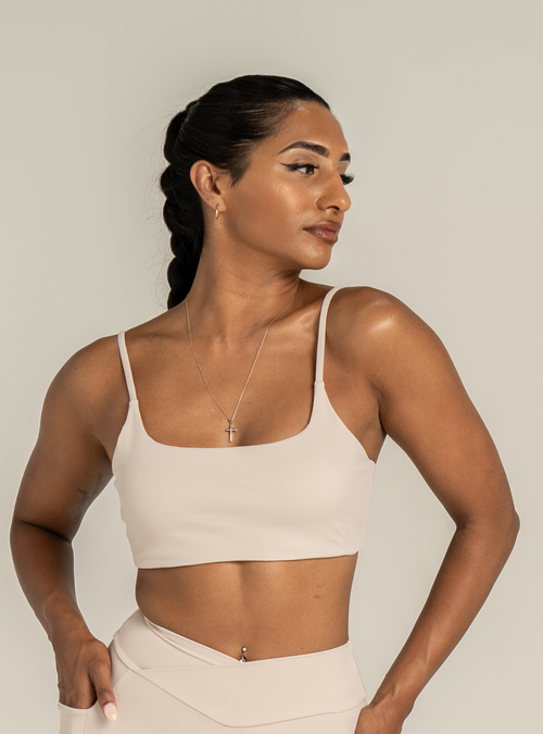 Boxy Bralette in Sicilian Sand, a sand coloured bralette with thin straps, front view