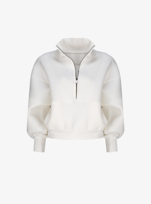 Modal Club Pullover in Pearl, an off-white half zip pullover with a high collar, front view