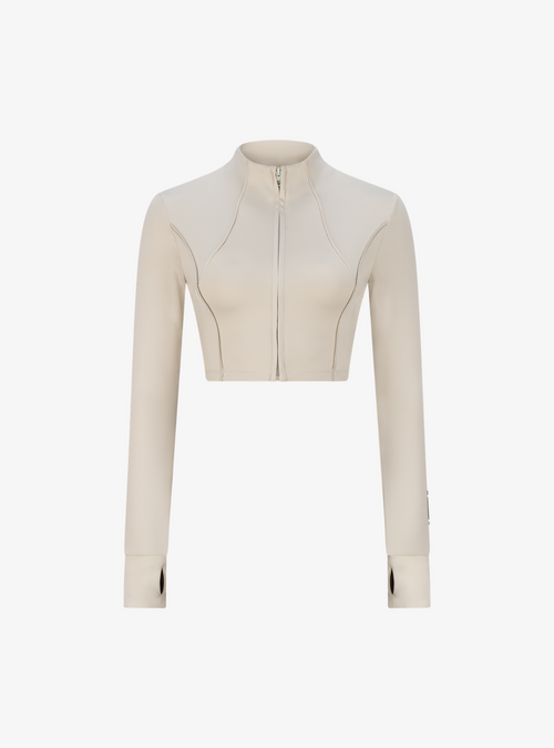 Cropped Tuxedo in Stone, a fitted full zip cropped jacket with a high neck collar, front view