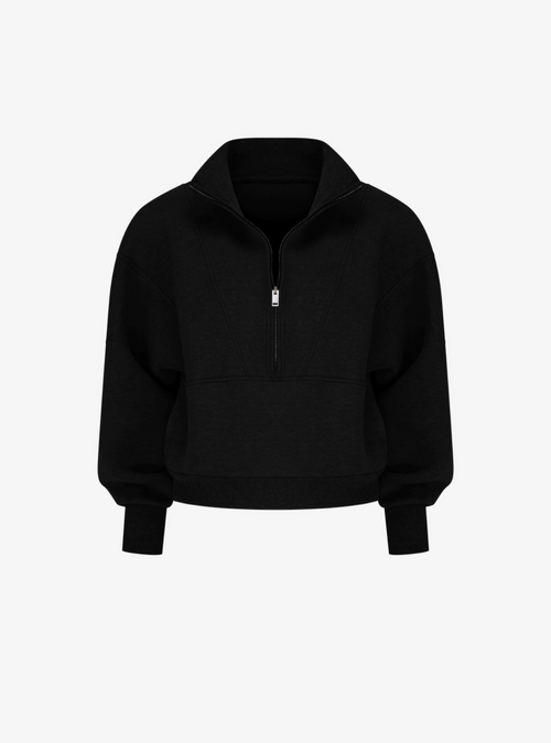 Modal Club Pullover in Carbon, a black half zip pullover with a high collar, front view