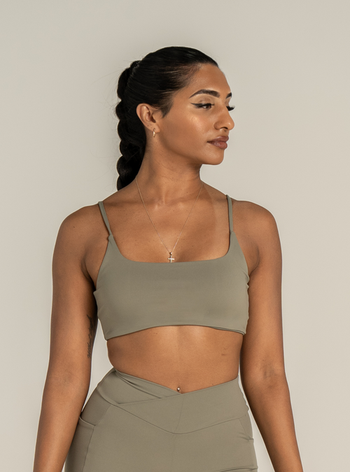 Boxy Bralette in Tuscan Olive, an olive green bralette with thin straps, front view