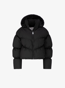 Cloud Puffer in Carbon, a black hooded puffer jacket, front view
