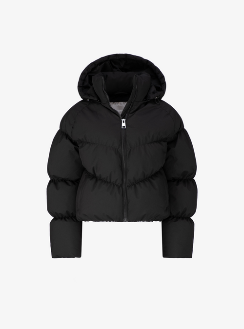 Cloud Puffer in Carbon, a black hooded puffer jacket, front view