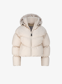 Cloud Puffer in Buttercream, a cream hooded puffer jacket, front view