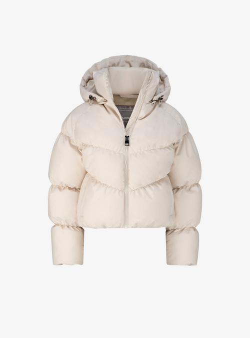 Cloud Puffer in Buttercream, a cream hooded puffer jacket, front view