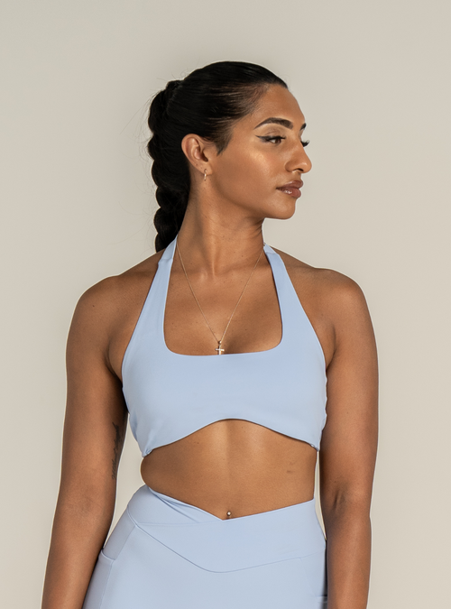 Sculpt Halter Bra in Amalfi Blue, a light blue halter neck sports bra, front view