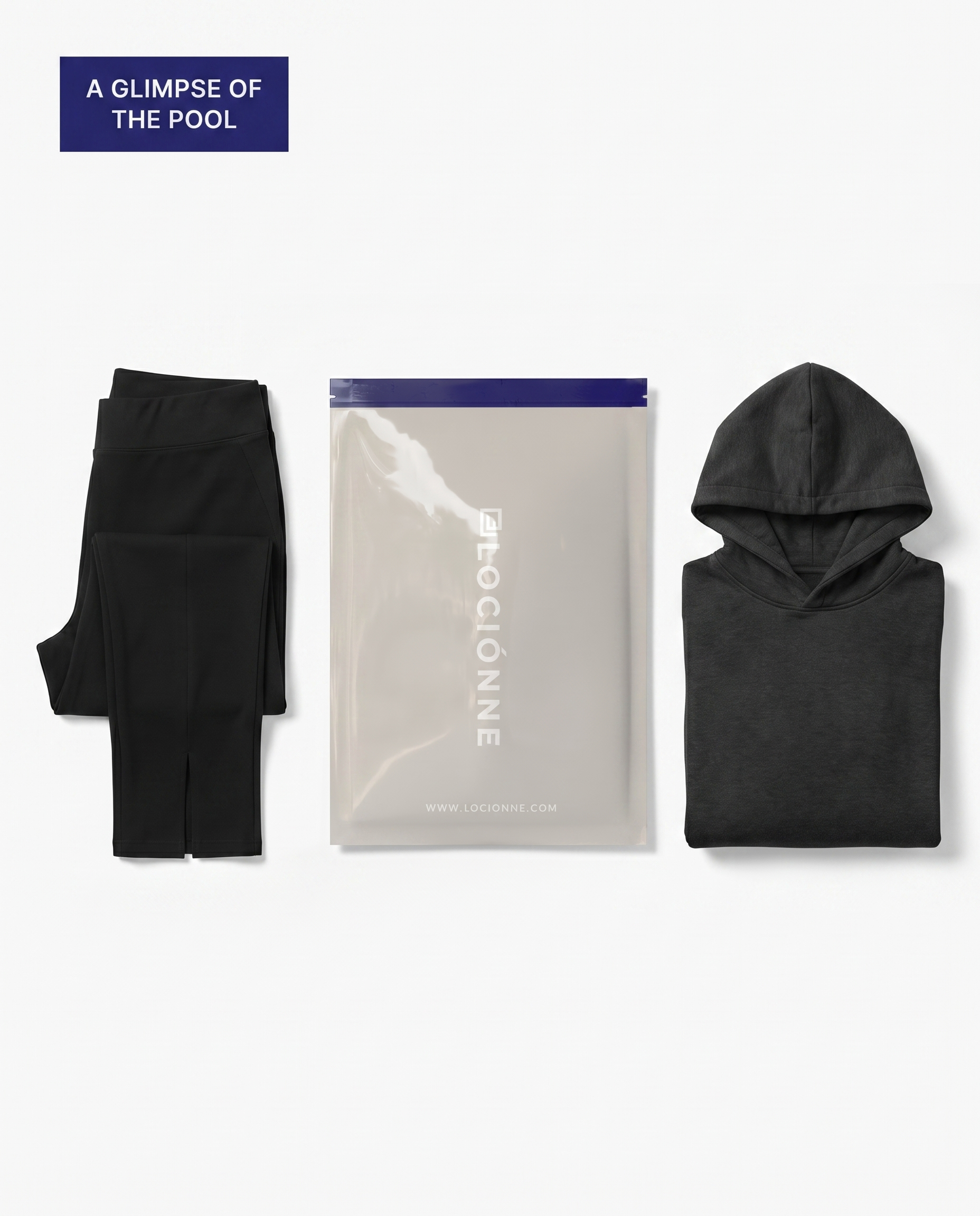 A glimpse of the pool: Villain Pant and Modal Oversized Hoodie beside the mystery bag mailer. Contents vary.
