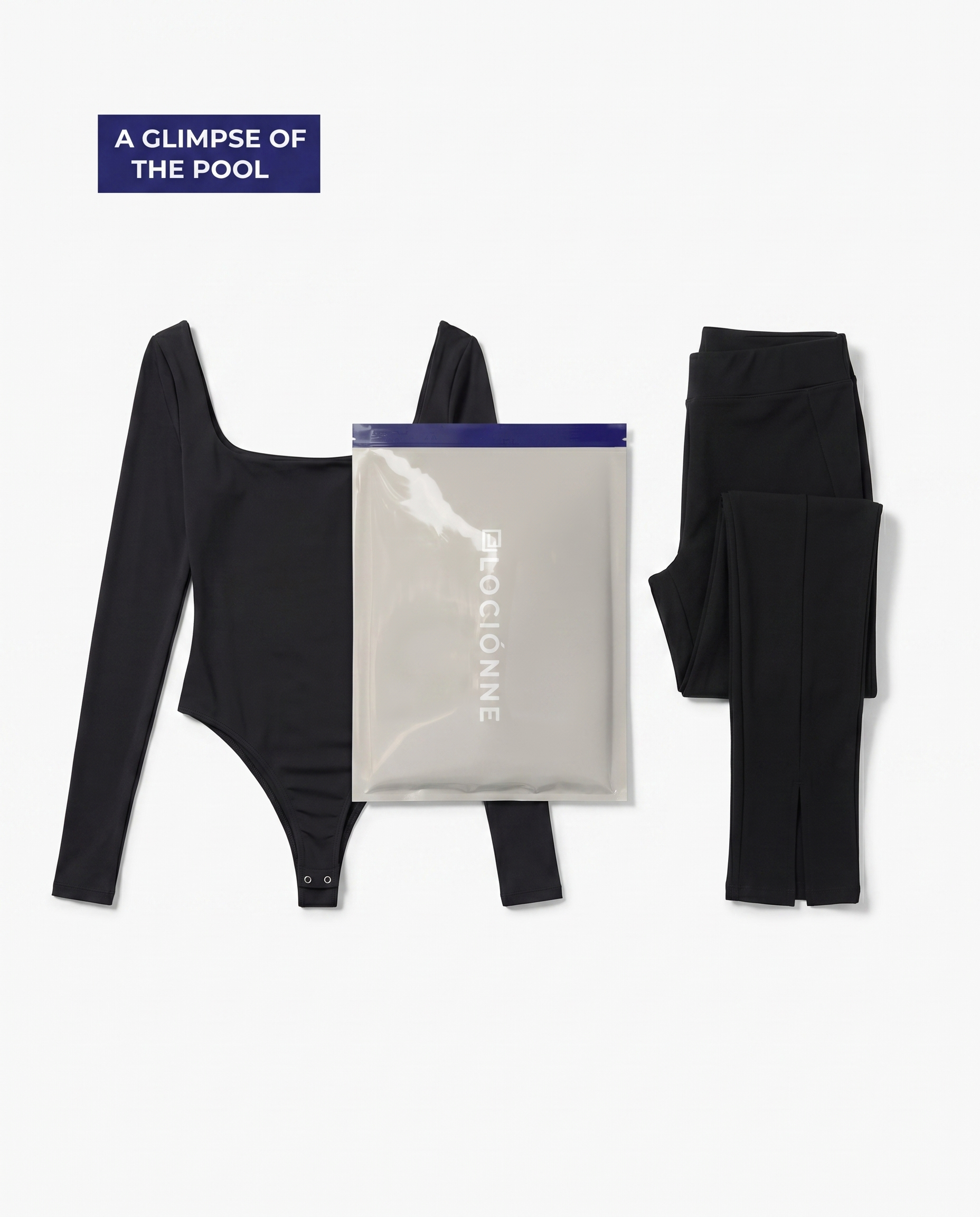 A glimpse of the pool: Villain Bodysuit and Villain Pant beside the mystery bag mailer. Contents vary.
