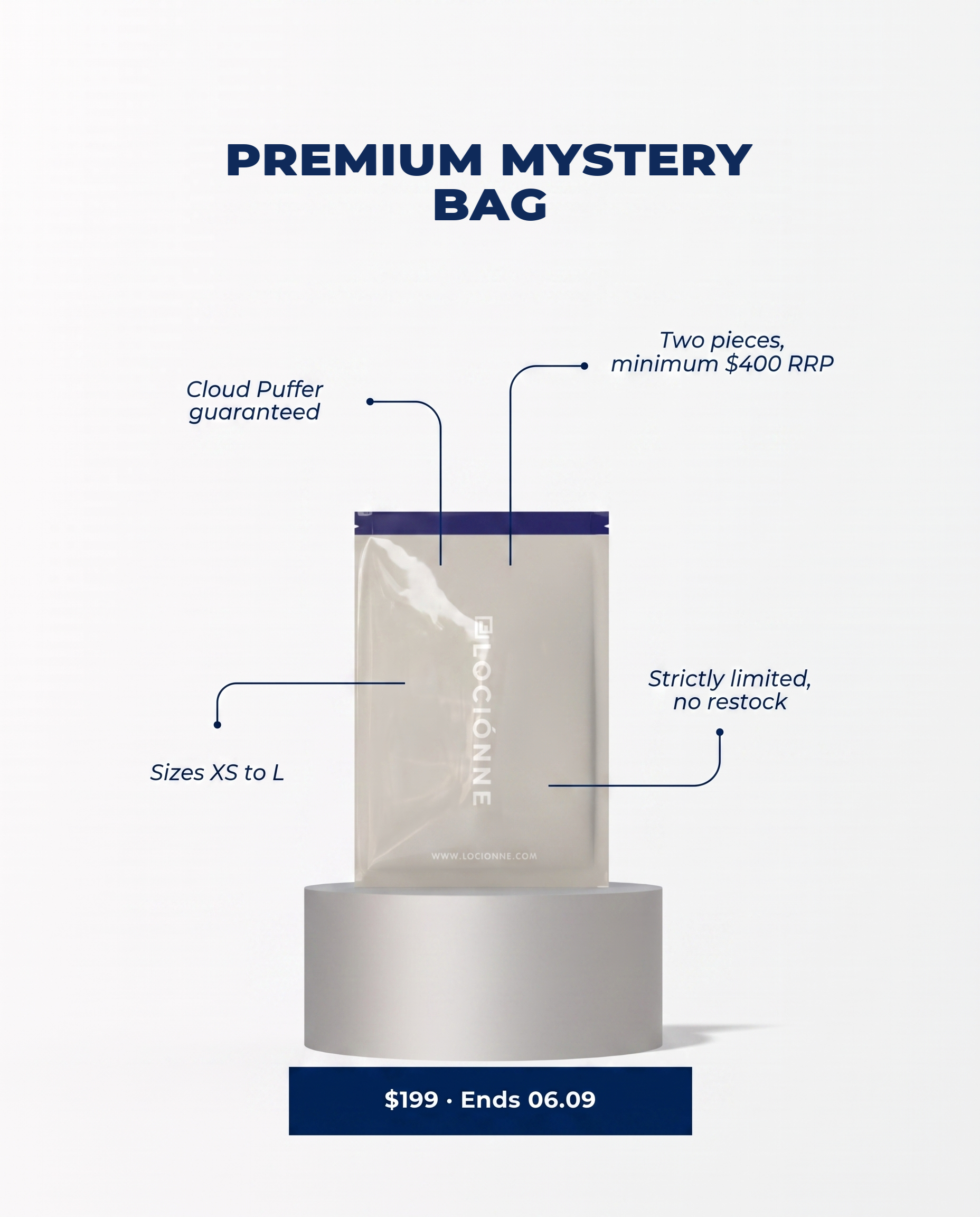 Premium Mystery Bag, Cloud Puffer guaranteed, two pieces minimum $400 RRP, $199, ends 6 September
